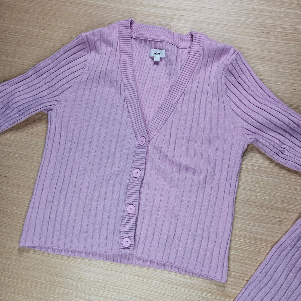 Chic‎ Aerie Cardigan Women M Pink Ribbed Knit V-Neck Button Front Long Sleeve
